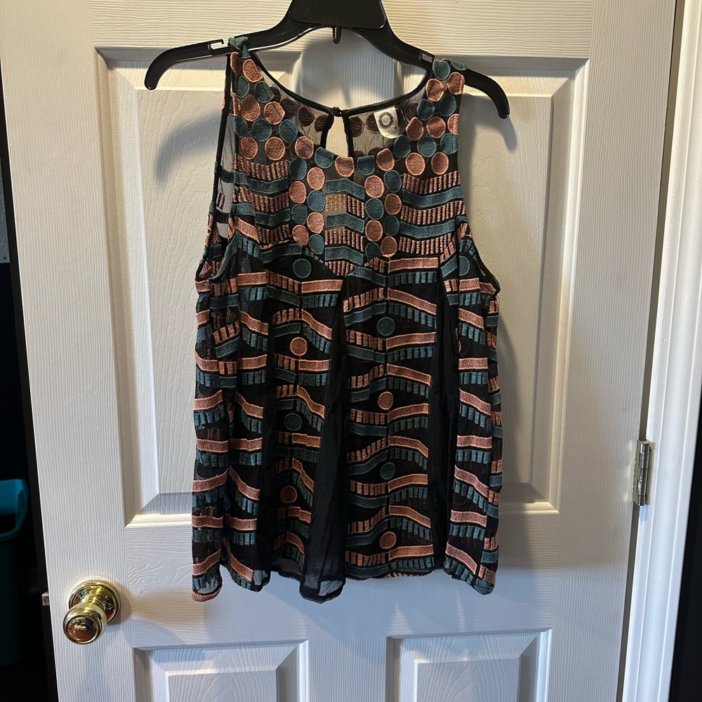 Anthropologie Black Tank with Teal and Rust Geometric Embroidery